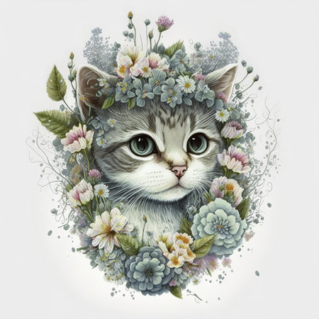 cat with flowers color artの写真素材
