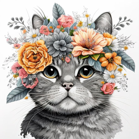 cat with flowers color artの写真素材