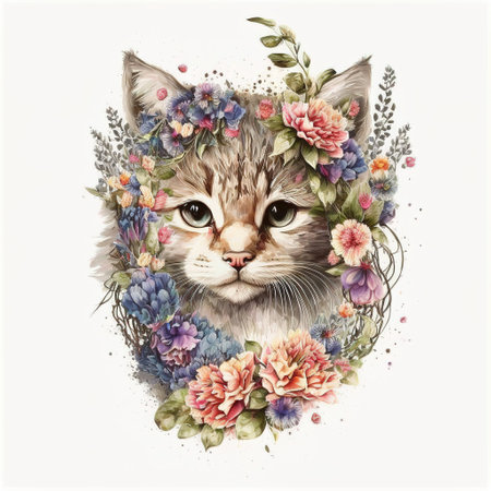 cat with flowers color artの写真素材