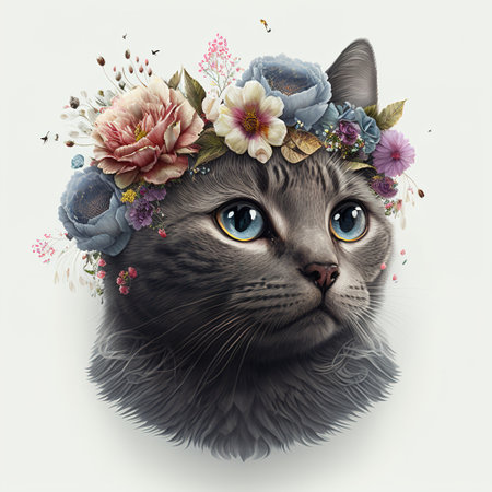 cat with flowers color artの写真素材