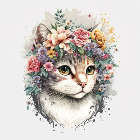 cat with flowers color artの写真素材