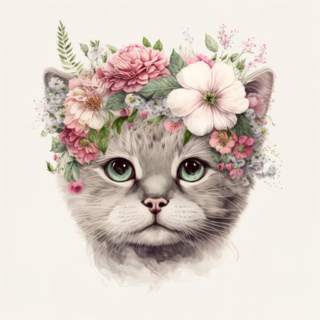 cat with flowers color artの写真素材