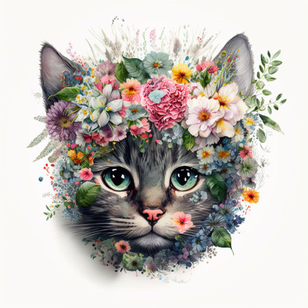 cat with flowers color artの写真素材