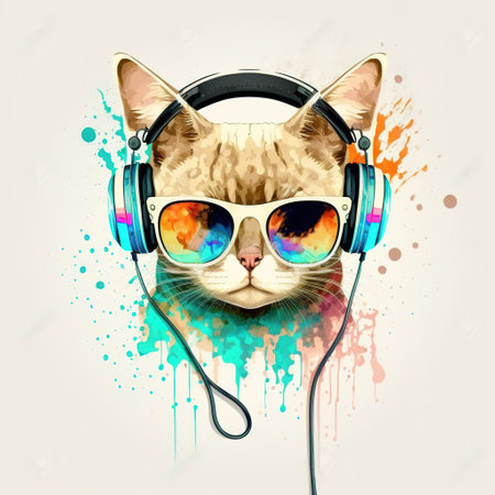 dj in cat with headphones color illustrationの写真素材