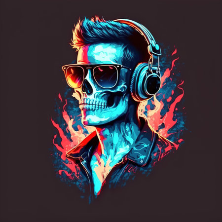 dj with skull headphones color illustration