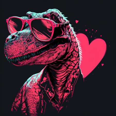dinosaur holding a heart in sunglasses bright abstract illustrationの写真素材