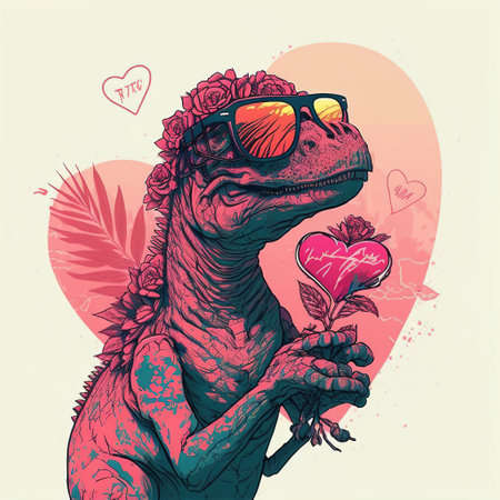 dinosaur holding a heart in sunglasses bright abstract illustrationの写真素材
