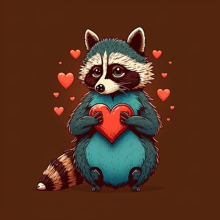 raccoon cartoon with heart flat illustrationの写真素材