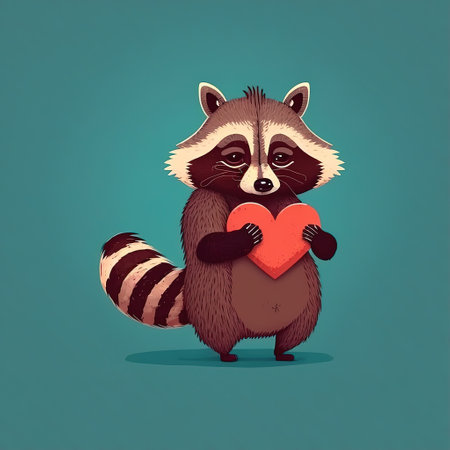 raccoon cartoon with heart flat illustrationの写真素材
