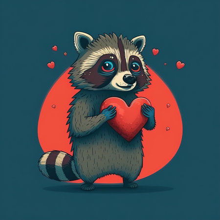 raccoon cartoon with heart flat illustrationの写真素材