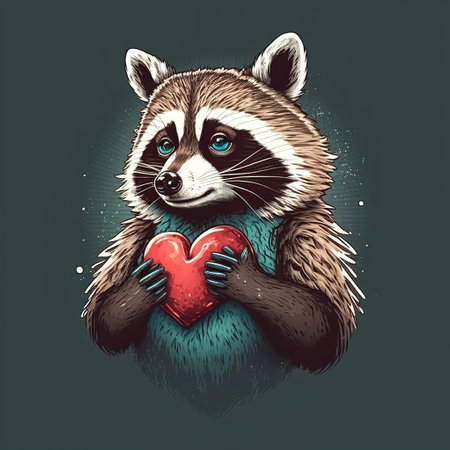 raccoon cartoon with heart flat illustrationの写真素材