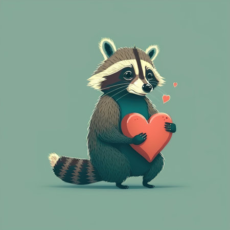 raccoon cartoon with heart flat illustrationの写真素材