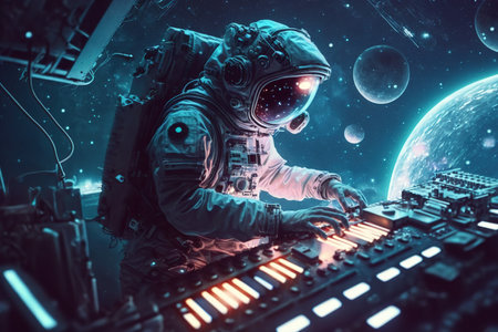 astronaut in space with guitar color illustration