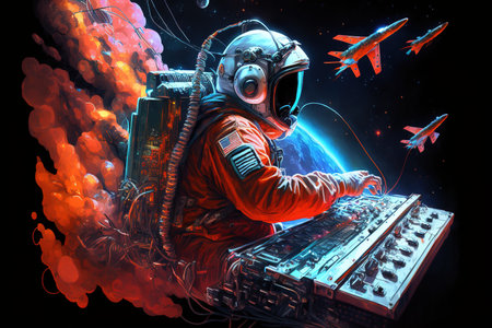 astronaut in space with guitar color illustration