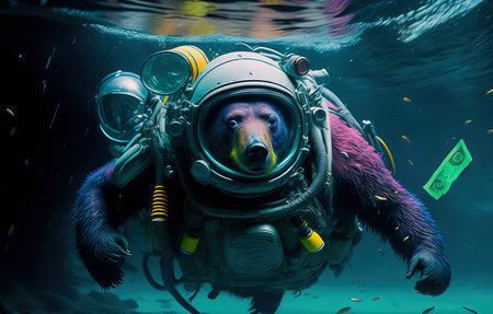 Grizzly bear in a diving suit with money in the oceanの写真素材