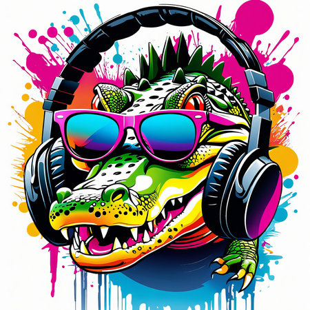 image of a crocodile with heaphones and glasses on a bright abstract background created with generative AI softwareの素材