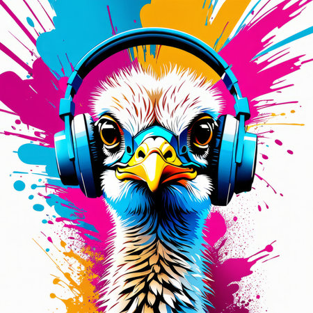 a bright image of an ostrich wearing glasses and headphones was created using artificial intelligenceの素材