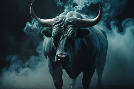bull in the night created with generative AI software.の素材