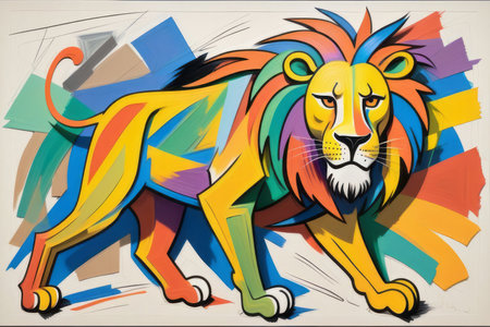 Color art lion with a tattoo created with generative AI softwareの素材