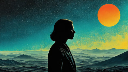 abstract image of a human face against the backdrop of space landscapes in the style of a poster on painting created with generative AI softwareの素材