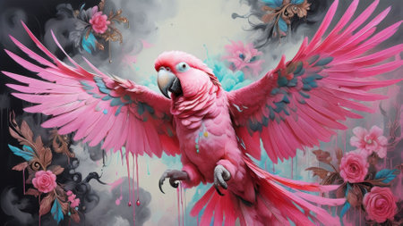 blue and yellow parrot on pink created with generative AI softwareの素材