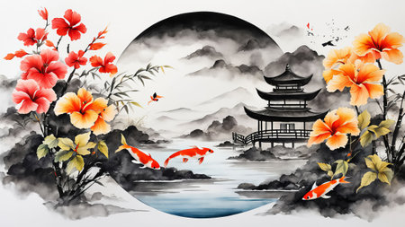 japanese garden in autumn content created with generative AI software.の素材