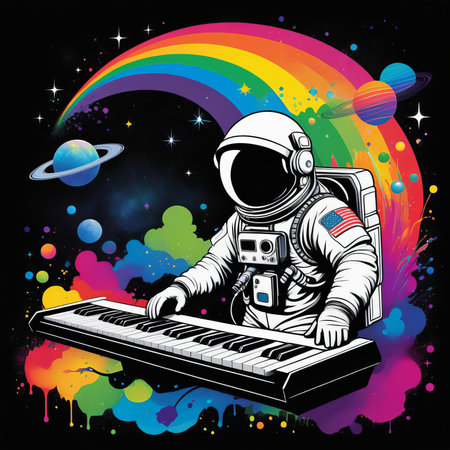 rock concert poster astronaut playing guitar bright flashes content created with generative AI software.の素材