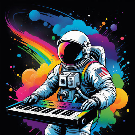 rock concert poster astronaut playing guitar bright flashes content created with generative AI software.の素材