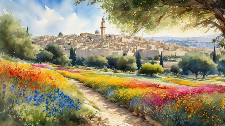 panorama of the jerusalem in old city content created with generative AI softwareの素材