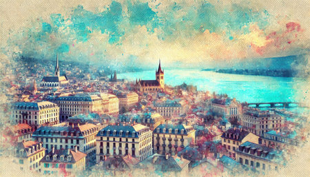 sunset over the city content created with generative AI software.の素材