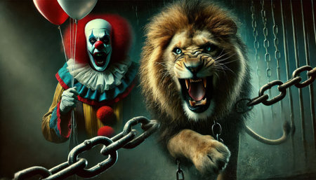 portrait of a lion on chain with clown in circus content created with generative AI software.の素材