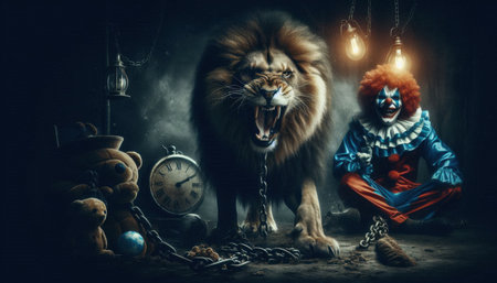 portrait of a lion on chain with clown in circus content created with generative AI software.の素材
