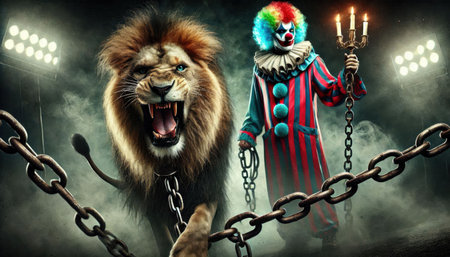 portrait of a lion on chain with clown in circus content created with generative AI software.の素材