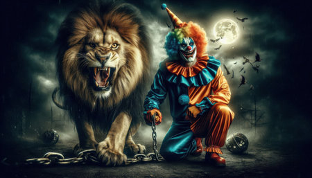 portrait of a lion on chain with clown in circus content created with generative AI software.の素材
