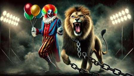 portrait of a lion on chain with clown in circus content created with generative AI software.の素材