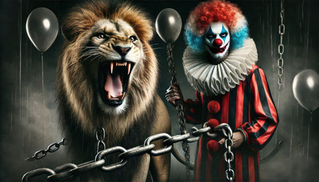 portrait of a lion on chain with clown in circus content created with generative AI software.の素材