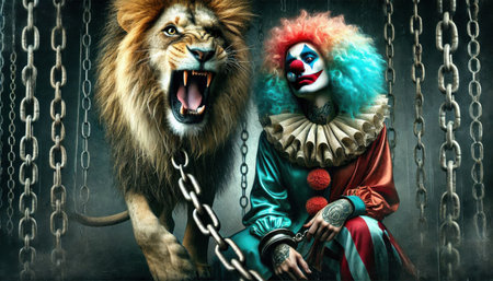 portrait of a lion on chain with clown in circus content created with generative AI software.の素材