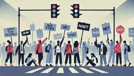 people on the street  who came out to protest content created with generative AI software.の素材