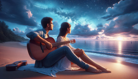 boy and girl on the sea coast romantic date  content created with generative AI software.の素材