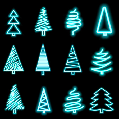 a set of Christmas New Year illustrations. neon Christmas trees. vector illustrationのイラスト素材