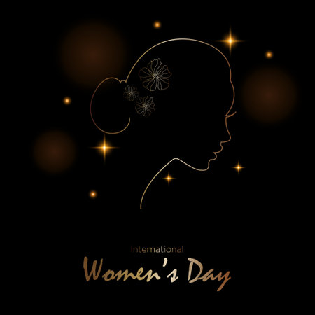 vector illustration for International Women's Day. an image of a golden female face, with flowers on a black background, with an inscription.のイラスト素材