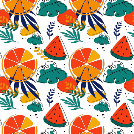 vector illustration of a pattern on a summer theme, an image of a watermelon, an orange, a palm...