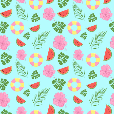 vector illustration on a summer theme, circle, flowers, watermelon, palm tree, leaves