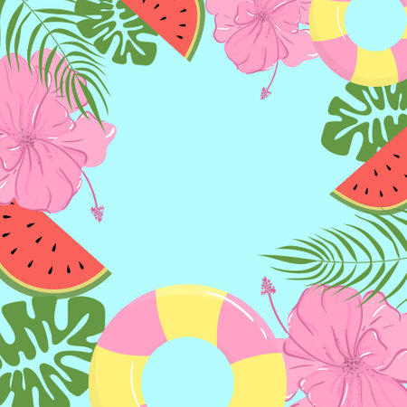 vector illustration on a summer theme, circle, flowers, watermelon, palm tree, leavesのイラスト素材