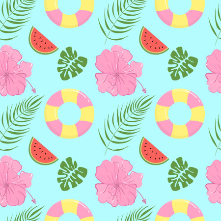 vector illustration on a summer theme, circle, flowers, watermelon, palm tree, leavesのイラスト素材