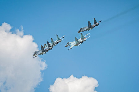 Voronezh region, Russia - 2017 year. Group flight of russian aerobatics team on SU-30 and SU-35のeditorial素材