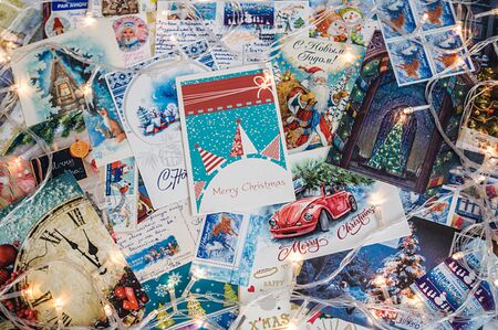 Pile of written Christmas postcards in disorderのeditorial素材