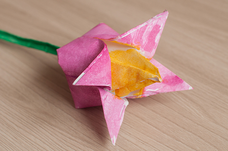 A colorful handmade pink tulip created from paper.の写真素材
