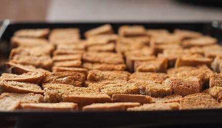 Home cooked rusks on a pan just taken out of the ovenの写真素材