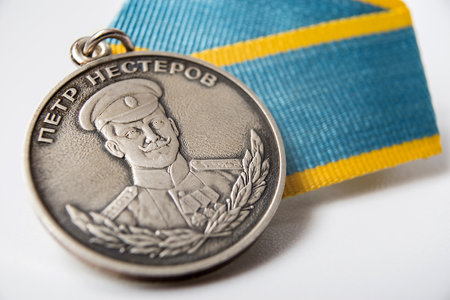 4 February 2021, Voronezh, Russia. Russian Federation State Reward - Nesterov Medal. Is given to military and civil pilots for the courage during state defending. Translation: Peter Nesterovのeditorial素材